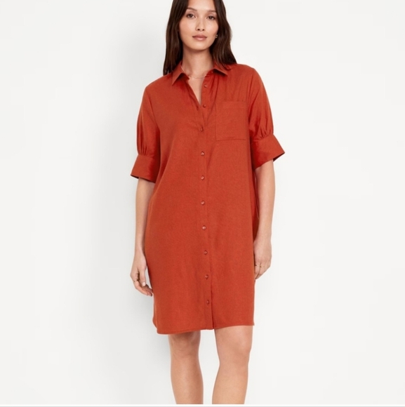 NWT OLD NAVY Linen-Blend Shirt Dress Color: Bronzed Amber, Size 2x - Picture 1 of 14
